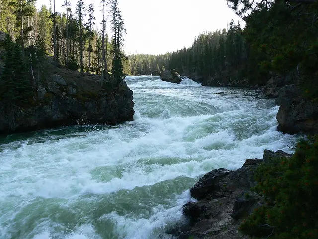 Близко к нижнему водопаду вода падает вверх, глядя на поток прямо перед водопадом, показывая пороги в водопаде реки желтый камень Вайоминг к
