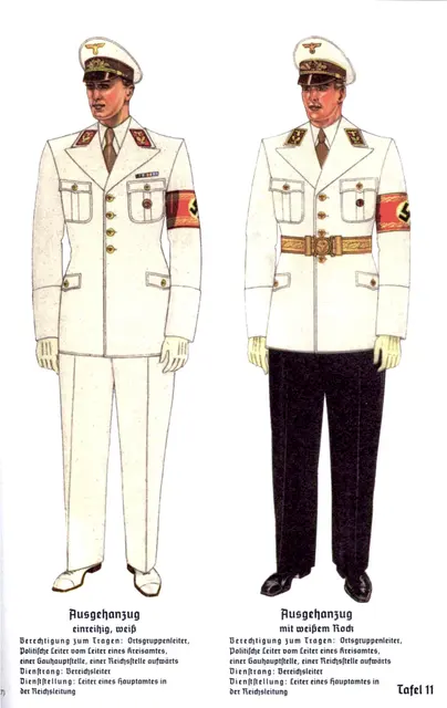 ОРГАНИЗАЦИОНАЛЬНАЯ СБУХА ДЕР НСДАП 1940 6. Auflage Politische Leiter Uniformen Tafel 11 Ausgehanzug einreihig, mit weissem Rock Bereichsleit