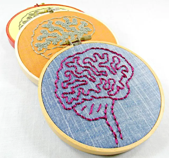 Blue Denim and Pink Brain Anatomy Mini Hoop Art. Hand Embroidered.