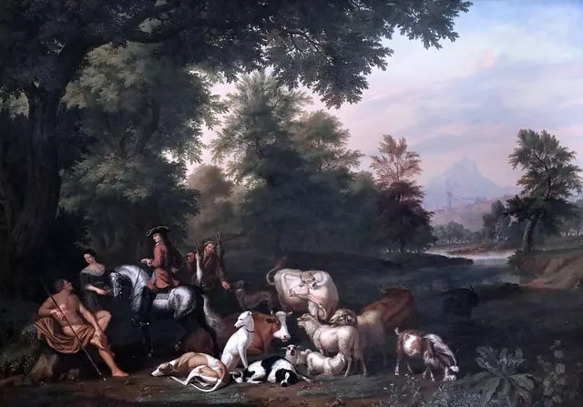 IMG_1243 Иоганн ван Гул 1685-1763 Ден Хааг Пейсаж лесничий avec partie de chasse Waldlandschaft mit Jagdgesellschaft Лесной пейзаж остроумны